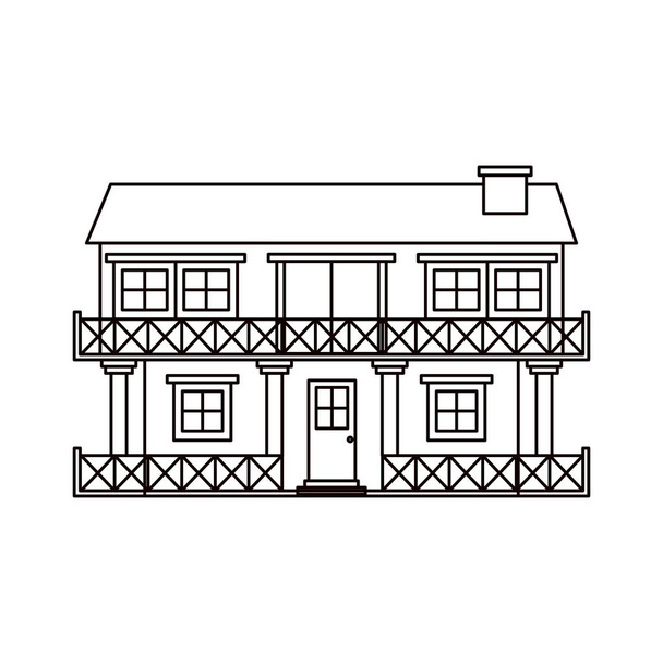 монохромний силует фасадний будинок двох поверхів з балконом і димоходом
 - Вектор, зображення
