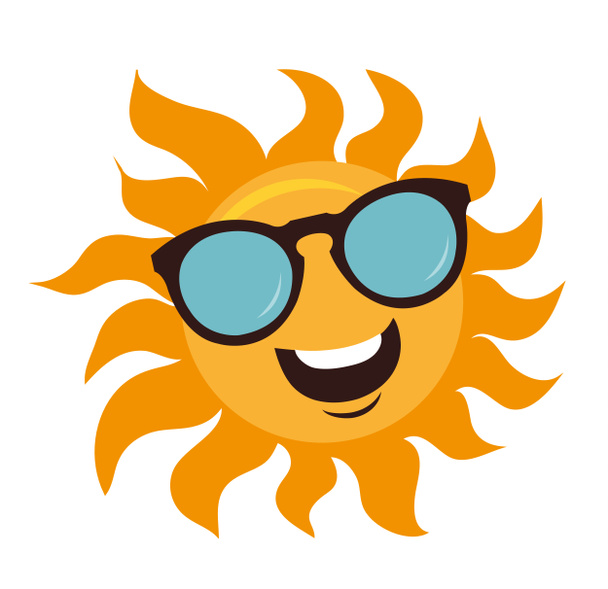 Personagem Sol em óculos de sol e sorriso feliz. Sol e óculos isolados em branco
. - Foto, Imagem