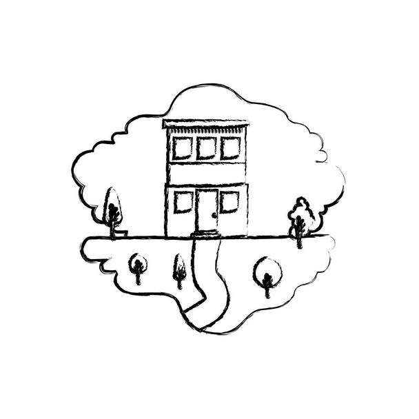 монохромний розмитий силует сцени природного ландшафту і будинку з двох поверхів
 - Вектор, зображення