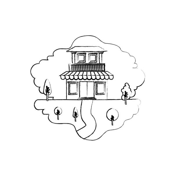 монохромний розмитий силует сцени природного ландшафту і будинку з двома поверхами з балконом і тент
 - Вектор, зображення