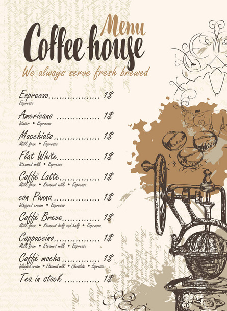 coffee menu with price list and old coffee mill - Vektor, obrázek