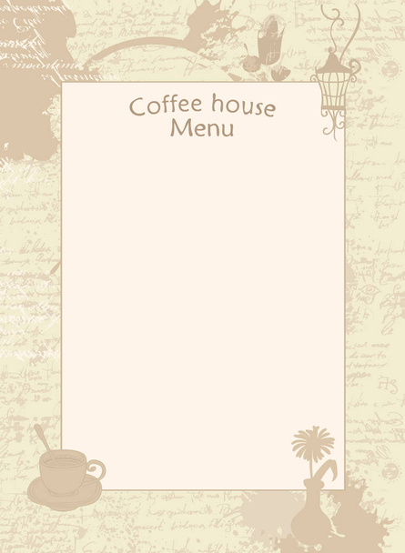 menu for coffee house with cup, vase and lantern - Vektor, Bild