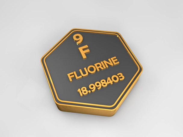 Flor - F - kimyasal element periyodik tablo altıgen şekil 3d çizim - Fotoğraf, Görsel