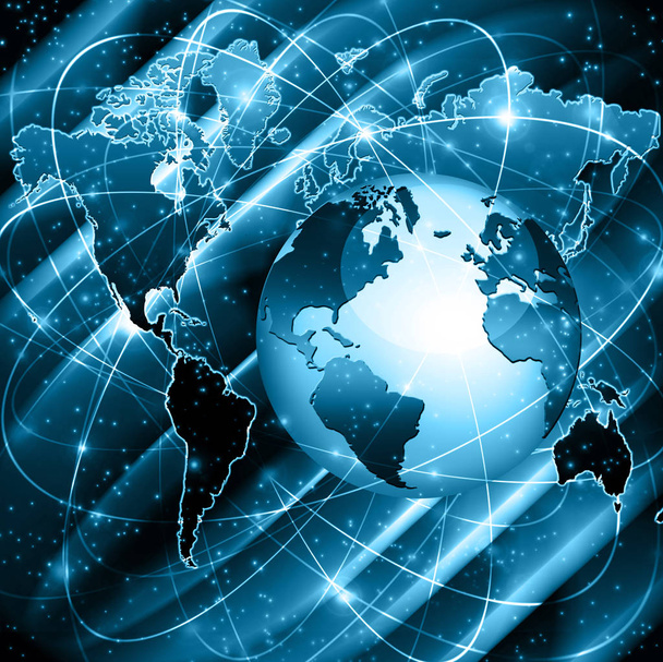 Mejor Concepto de Internet de los negocios globales. Globo, líneas brillantes en el fondo tecnológico. Wi-Fi, rayos, símbolos Internet, ilustración 3D
 - Foto, imagen