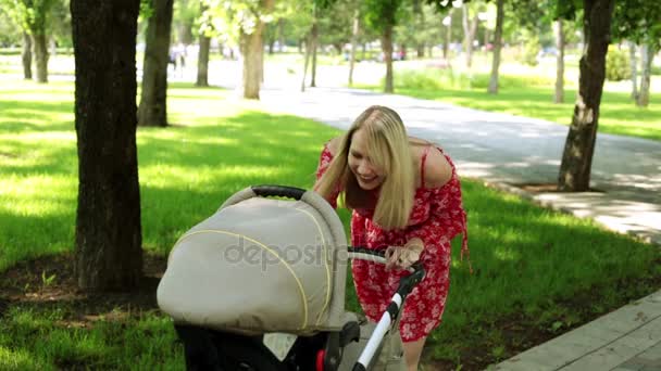 Frau mit Kinderwagen im Park. - Filmmaterial, Video