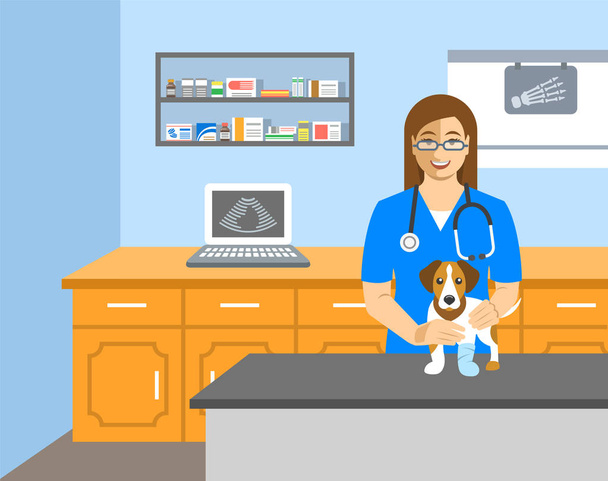 Veterinarian doctor holds dog on examination table - Vector, Image