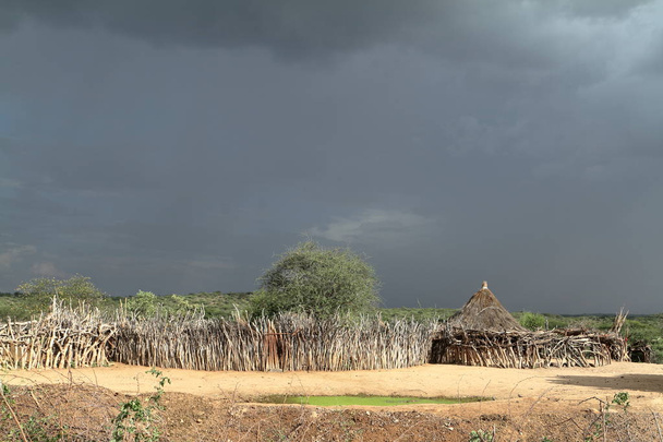 Cabanes traditionnelles en paille dans la vallée de l'Omo en Ethiopie
 - Photo, image