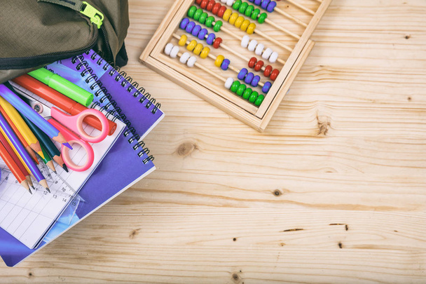 School supplies on wooden background - Photo, Image