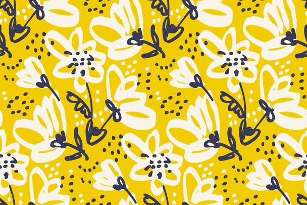 Vector seamless pattern for surface design. Freehand illustration with flower in vivid yellow color. Shabby floral design element for card, header, invitation.  - Vektör, Görsel