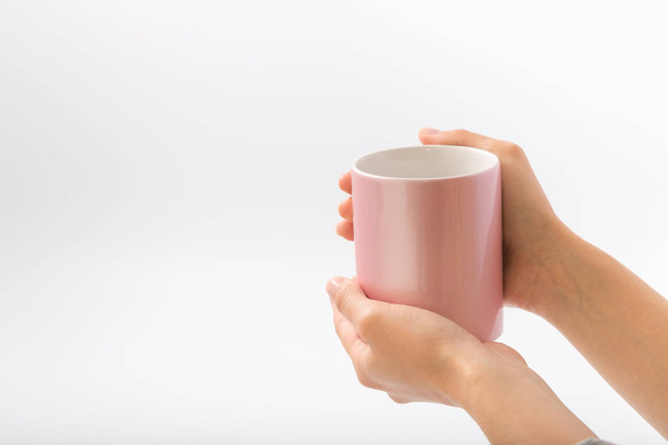 Female hands on a white background with a cup - 写真・画像