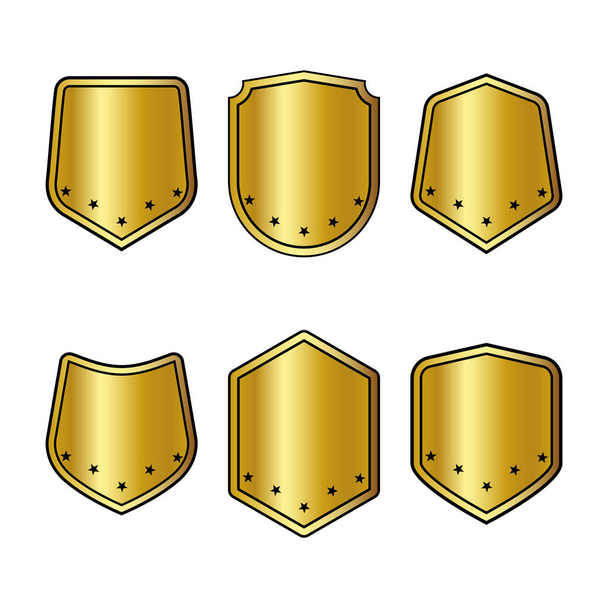 Set di scudi dorati con stelle in stile piatto alla moda isolato su sfondo bianco. Logo Herald e simbolo medievale Shield per il design del tuo sito web, logo. Illustrazione vettoriale. EPS10
. - Vettoriali, immagini
