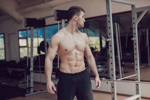 Sexy muscular man in gym working out. Strong male naked torso. - 写真・画像
