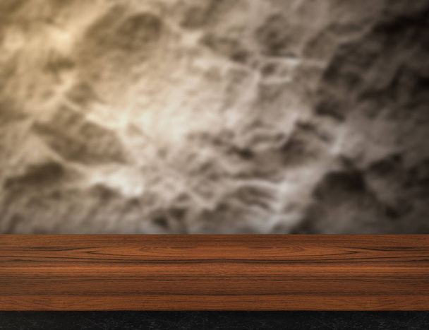 tablón de madera mesa superior en borrosa pared de piedra áspera, maqueta de plantilla
 - Foto, imagen