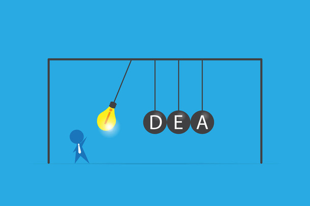 podnikatel s lightbulb a nápad slovo o vyvažování koule Newtonova kolébka, nápad a obchodní koncept - Vektor, obrázek