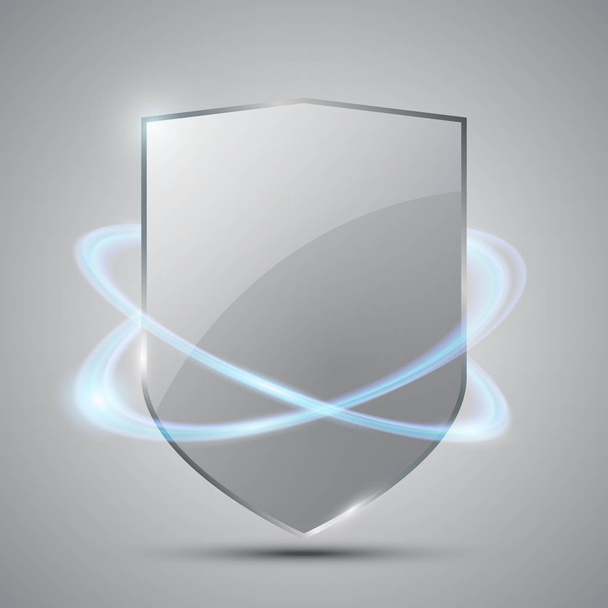 Glass shield with blue glow in motion on grey background - ベクター画像