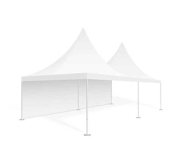 Iso mobiili teltta messuille, häihin ja tapahtumiin. Myynninedistämistarkoituksessa ulkona tapahtuma pop-up valkoinen teltta. Realistinen 3D-mallinnus, mallin suunnittelu, eristetty taustalla. Tuotemainonnan vektori. - Vektori, kuva