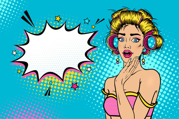Wow female face. Sexy young blonde woman housewife with open mouth and hair curlers, bright makeup and empty speech bubble. Vector colorful background in pop art retro comic style. Invitation poster template. - Vektor, obrázek