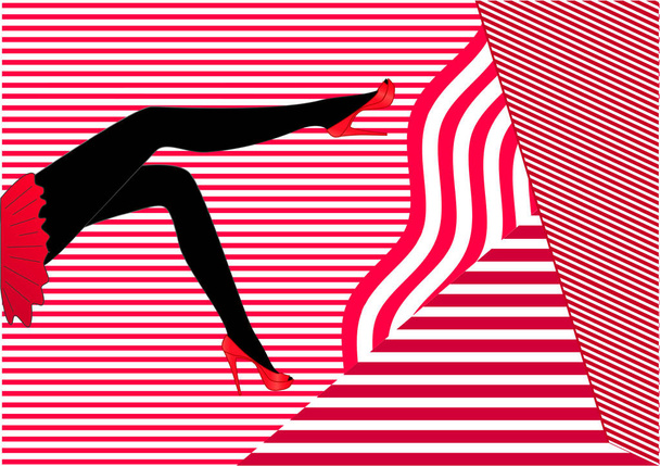 Silhouette de longues jambes féminines en chaussures à talons hauts rouges et une jupe rouge courte assise sur un fond rayé rouge-blanc, vue latérale, horizontale
 - Vecteur, image