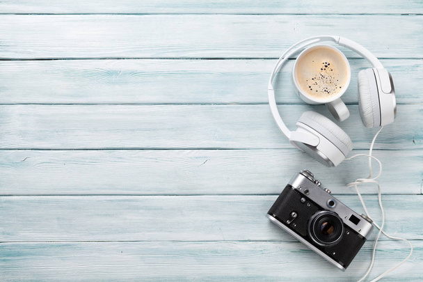 Headphones, camera and coffee - Photo, Image