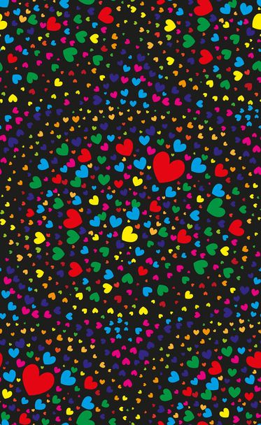 Naadloze patroon met kleurrijke hartjes op een zwarte achtergrond - Vector, afbeelding
