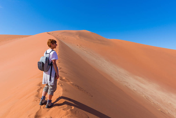 Tourist walking on the scenic dunes of Sossusvlei, Namib desert, Namib Naukluft National Park, Namibia. Adventure and exploration in Africa. - Fotografie, Obrázek