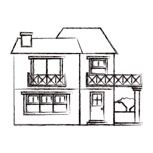 monochrome blurred silhouette of house with two floors with balcony and chimney - Vector, Image