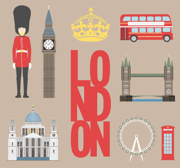 London travel info graphic. Vector illustration, Big Ben, eye, tower bridge and double decker bus, Police box, St Pauls Cathedral, queens guards, telephone. - Vector, imagen