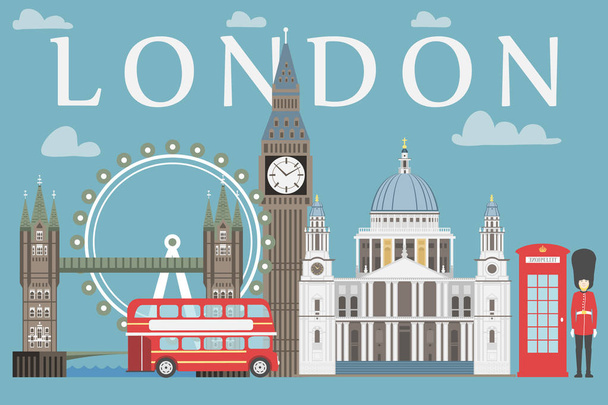 London utazás info grafikus. Vektoros illusztráció, a Big Ben, a szem, a tower bridge és a emeletes busz, rendőrség box, St Pauls Cathedral, queens őrök, telefon. - Vektor, kép