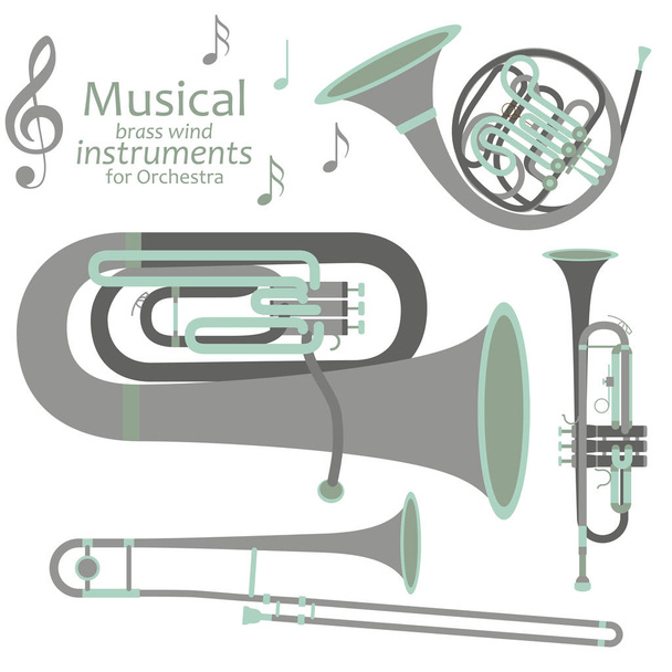 Musical brass wind instruments for orchestra - Vector, Image