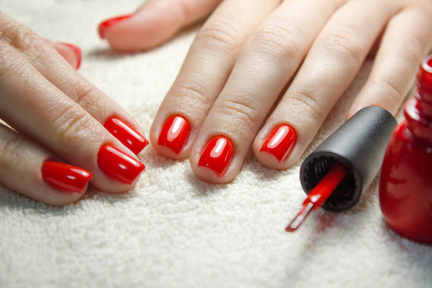 Hermosas uñas de mujer cuidadas con esmalte de uñas rojo sobre una toalla blanca suave
. - Foto, Imagen