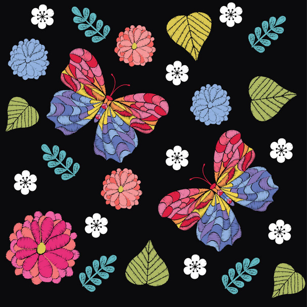 Embroidery seamless pattern with beautiful flowers and butterfly - Vector, imagen