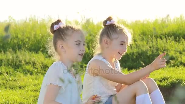Dvě malé holčičky sedící na trávě mluví bavit - Záběry, video