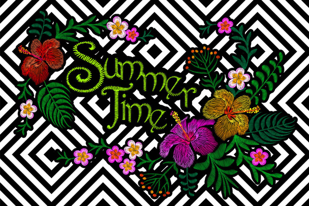 Summer time flower embroidery patch on geometric stripe seamless background. Stitch textile print floral arrangement. Plumeria Hibiscus tropical palm leaves vector illustration - Vektör, Görsel