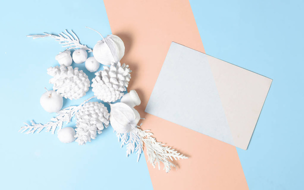 White colored Pine cones, branches, physalis flowers and with empty gift card. Flat lay minimal concept. - Foto, Bild