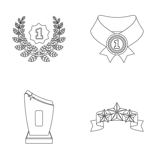 Winner for the first place in the competition, a crystal prize, a ribbon with the stars, a medal on the red ribbon.Awards and trophies set collection icons in outline style vector symbol stock - Vektor, Bild