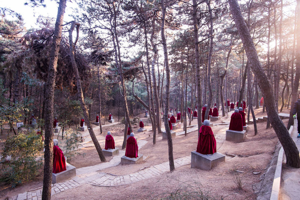 Statue di monaco di pietra che indossano mantelli nella foresta cinese
 - Foto, immagini