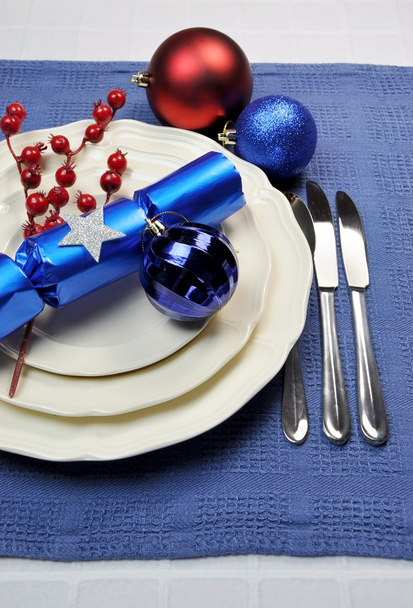 Stylish Blue Christmas Table Setting - Photo, Image