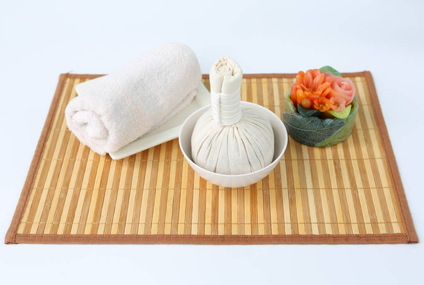 Spa herbal compressing ball with towels and Salt Scrub, Spa concept background - Zdjęcie, obraz