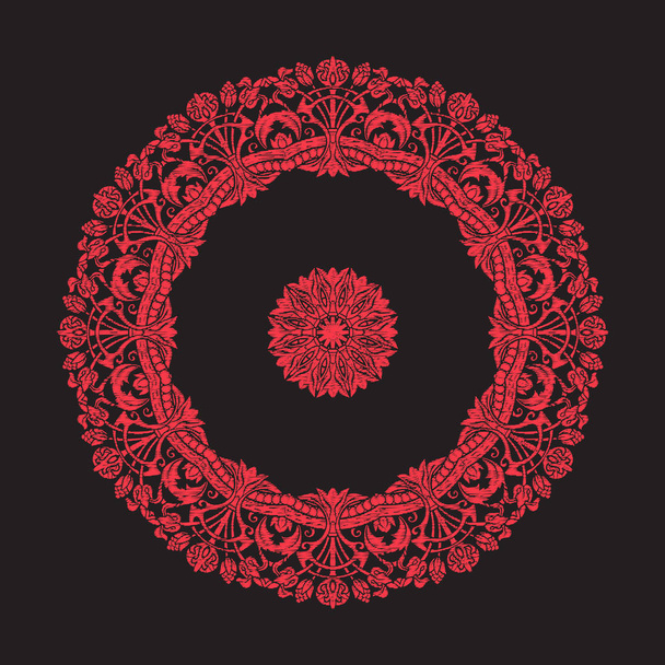 Embroidery mandala. In red on black background. Stock line vecto - Wektor, obraz