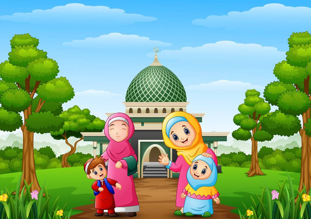Muslim womens with son and her daughter with mosque in the park - Vector, Image