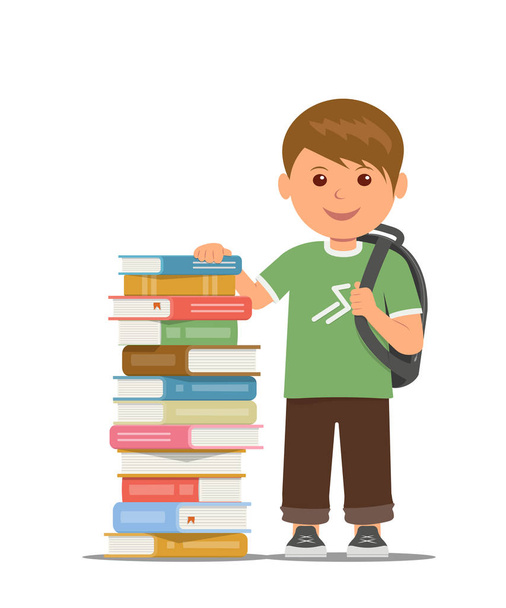 Schoolboy with school bag stand beside stack of books. Training and self-education. - ベクター画像