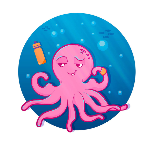 Karikatura růžové chobotnice. Roztomilá chobotnice sportování pod vodou - Vektor, obrázek