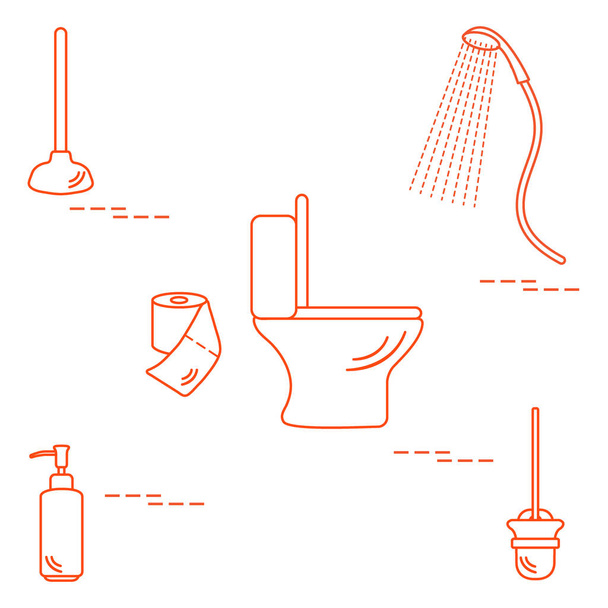 Ilustracja wektorowa z miski WC, prysznic, papier toaletowy, mydło - Wektor, obraz