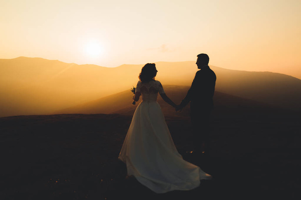 Happy beautiful wedding couple bride and groom at wedding day outdoors on the mountains rock. Happy marriage couple outdoors on nature, soft sunny lights - Foto, immagini