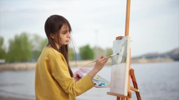 Young woman painter paints a tassel landscape on an easel, stand on nature - Footage, Video