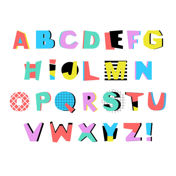 Sanatsal alfabe trendy Memphis geometrik tarzı. Yaratıcı yazı tipi. Vektör İngilizce alfabe seti. - Vektör, Görsel
