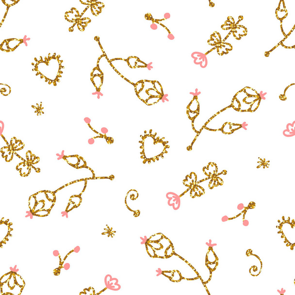 Kevyt saumaton kuvio kultainen glitter tekstuuri lehtiä ja kukkia. Tausta, kangas, tekstiili
 - Vektori, kuva
