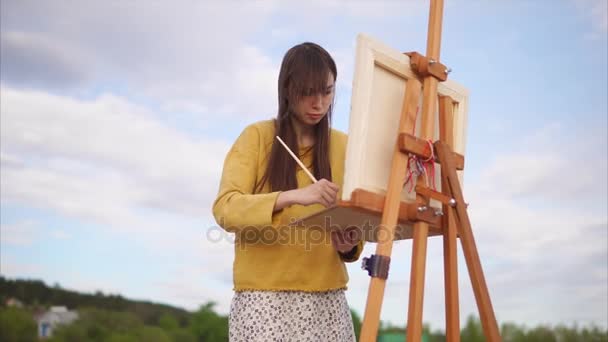Νέος και δημιουργικός καλλιτέχνης ζωγραφίζει μια εικόνα σε καμβά σε ένα υπαίθριο - Πλάνα, βίντεο