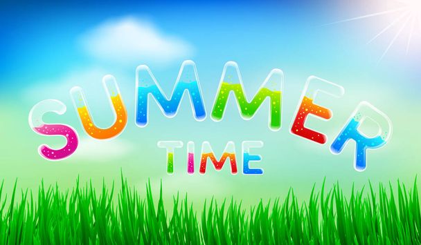 Vector of Summer Time Background by Colorful Transparent font with Soft drink inside and Blue Sky,Cloud,Green grass Background - Vetor, Imagem