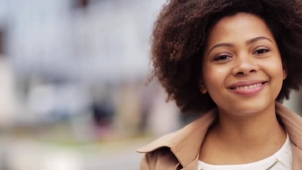 close up happy african american woman outdoors - Video, Çekim